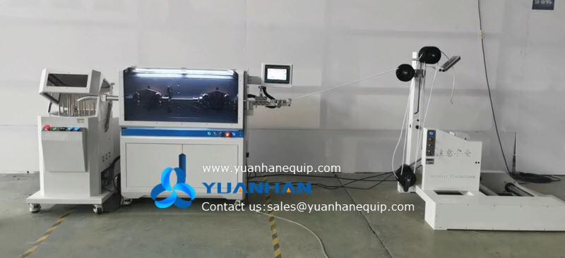 Cable cutting stripping machine working with cable coiler and cable prefeeder system